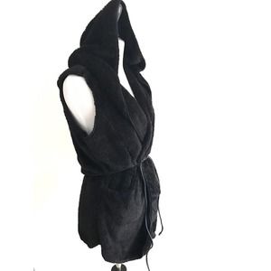 Womens Plush Hooded Sleeveless Sweater Vest Coat Tied Top Size L Black